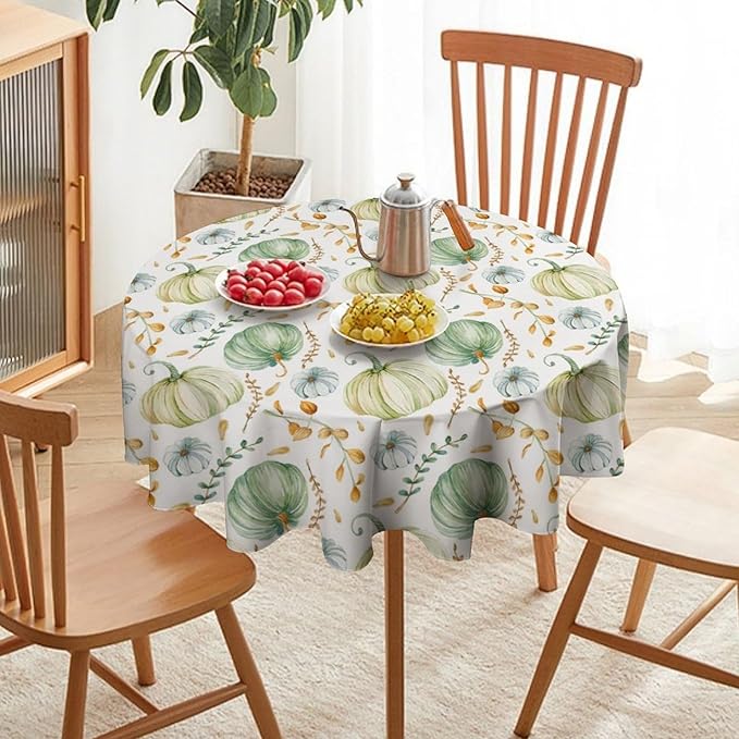 YCness Fall Tablecloth, Thanksgiving Autumn Harvest Watercolor Blue Green Pumpkin Orange Leaf Table Cover for Party Picnic Dinner 36x36 Inch Round
