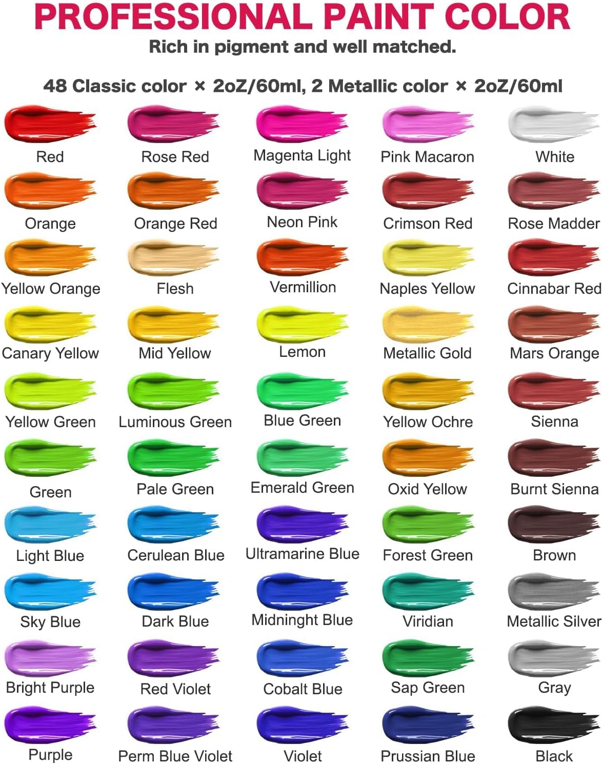 Acrylic Paint Set - 50 Colors 2 oz/59 ml Acrylic Paints for Professional Artists with 10 Brushes , Art Supplies for Painting Canvas Rock Wood Ceramic Glass Art Craft Painting, Rich Pigments Lasting Quality for Beginners, Students & Professional Artist
