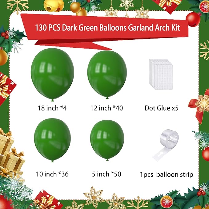 Dark Green Balloons Garland Arch Kit,130pcs Green Latex Balloons,Different Sizes Dark Green Balloons Garland for Christmas,Festival,Picnic,Anniversary,Birthday,Green Theme Decoration
