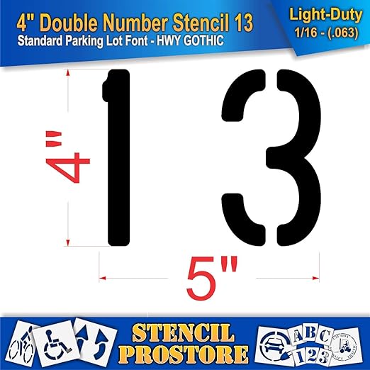 Pavement, Curb, and WheelStop Stencils - 4 inch Double Number Stencil - (13) - 4" x 4" x 1/16" (63 mil) - Light-Duty