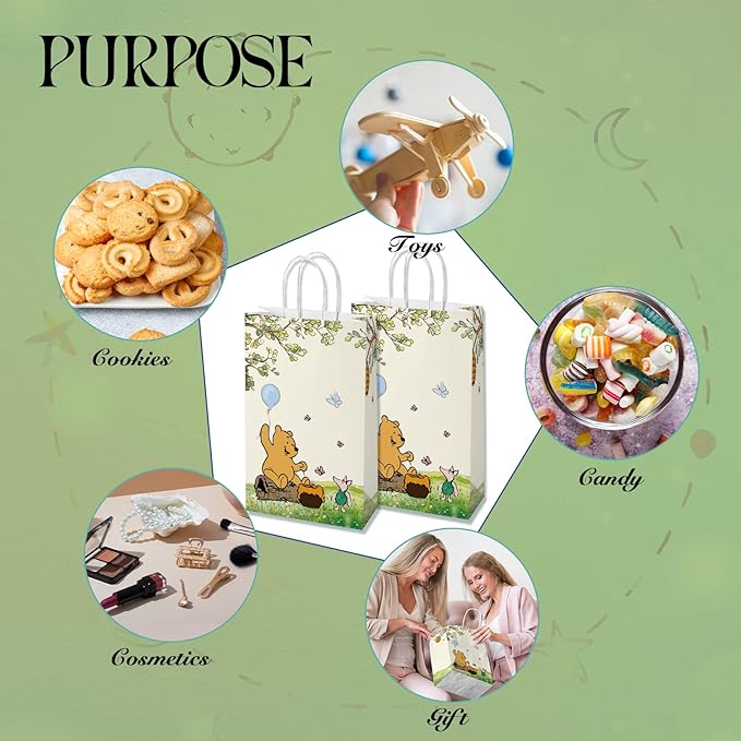 wjrsxilt Winnie Treat Bags - 16 PCS Paper Goodies Candy Bags Classic Bear Party Bag for the Pooh Baby Shower Present Bag Kids Party Decorations Supplies Decor
