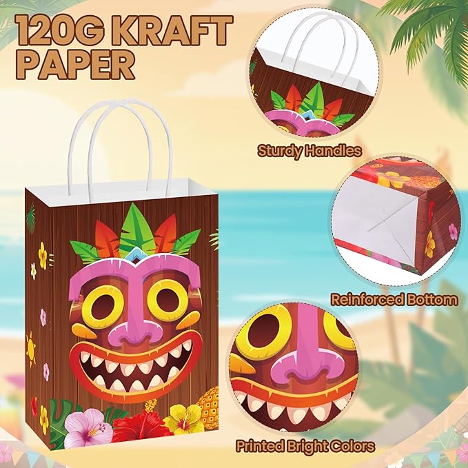 Resholder 30 Pcs Hawaiian Aloha Gift Bags Tiki Luau Party Favor Paper Bags with Handle Tropical Tiki Face Portable Candy Treat Goodie Pouch for Hawaii Summer Festival Party Supplies Baby Shower Decor
