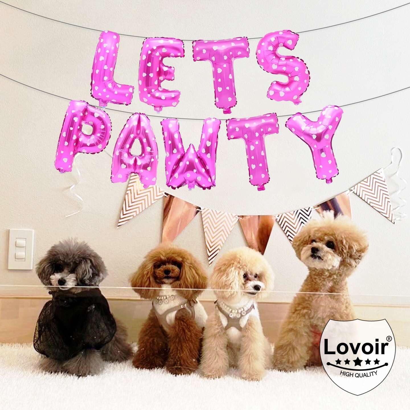 9 Pcs Lets Pawty Balloons Banner 16 Inch, Dog Cat Pet Birthday Letters Sign Lets Pawty Balloons Happy Birthday Banner for Pet Dog Cat Party Supplies Decorations (Heart Pink)