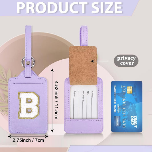 Personalized Initial Luggage Tags for Suitcases, Leather Chenille Letter Cute Luggage Tags with Privacy Name Card, Embroidered Travel Bag Backpack Tags Gifts for Women Kids Girls Teens(Purple-B)