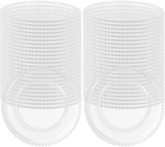 50 PCS Clear Round Charger Plates with Beaded Rim, 13 Inch Plastic Acrylic Plate, Plastic Round Beaded Dinner Decorative Service Plates for Wedding Party Event, Home Kitchen Tabletop(Clear)