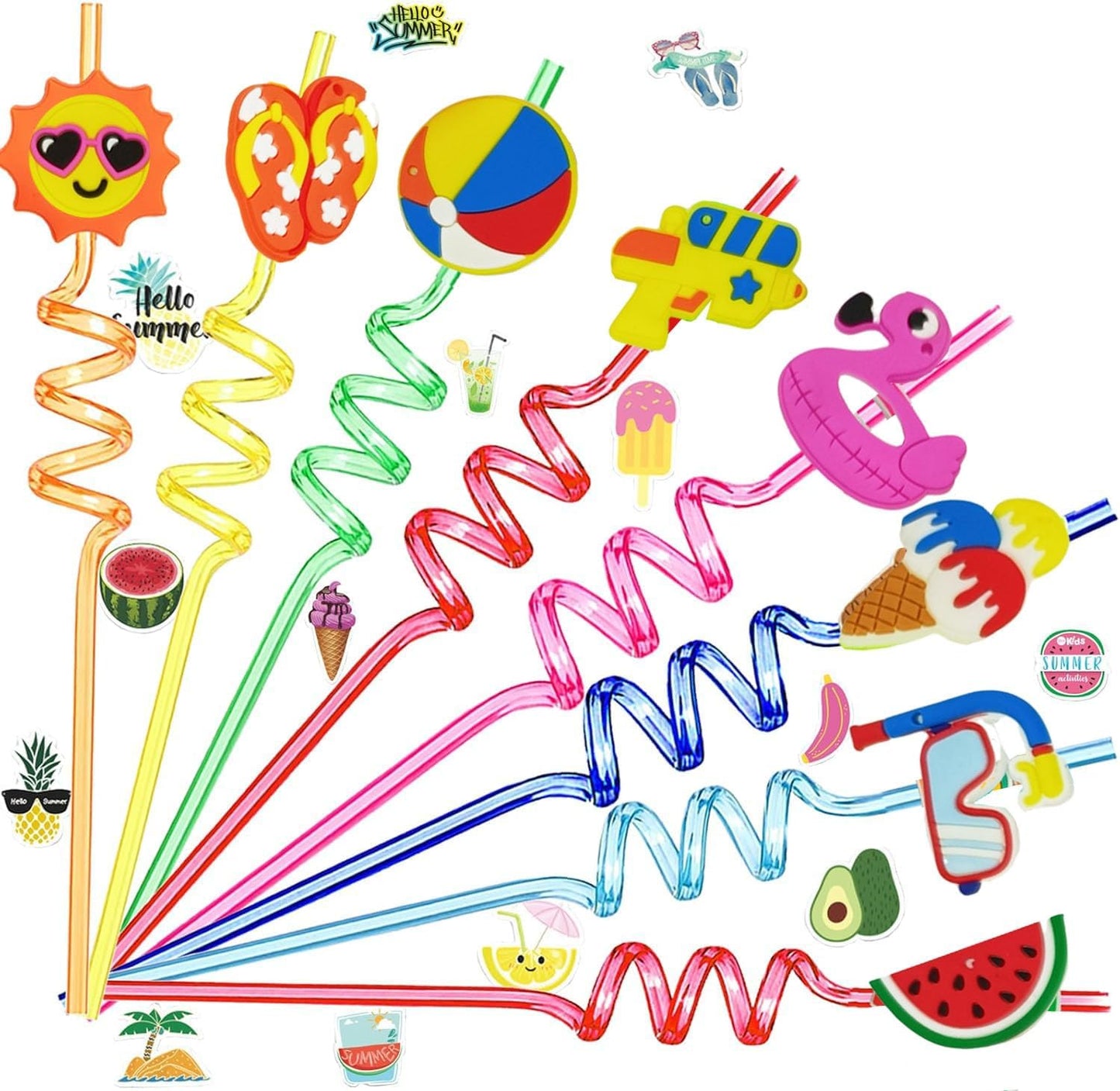 74Pcs Drinking Straws ＆ Stickers Set,Summer Pool Beach Party Favors,Beach Theme Party Decorations Supplies Hawaiian Birthday Goodie Bag Stuffers