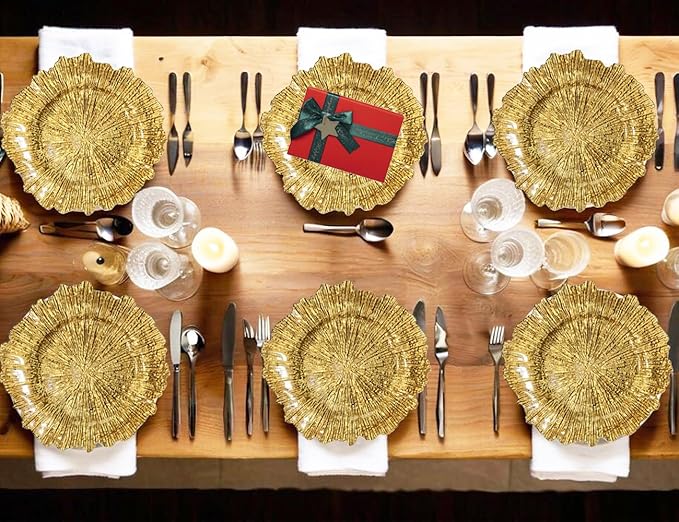 Gold Charger Plates,13 Inch Reef Plastic Chargers for Dinner Plate, Decorative Chargers for Wedding,Elegant Parties, Banquets and Table Decor(Set Of 6)