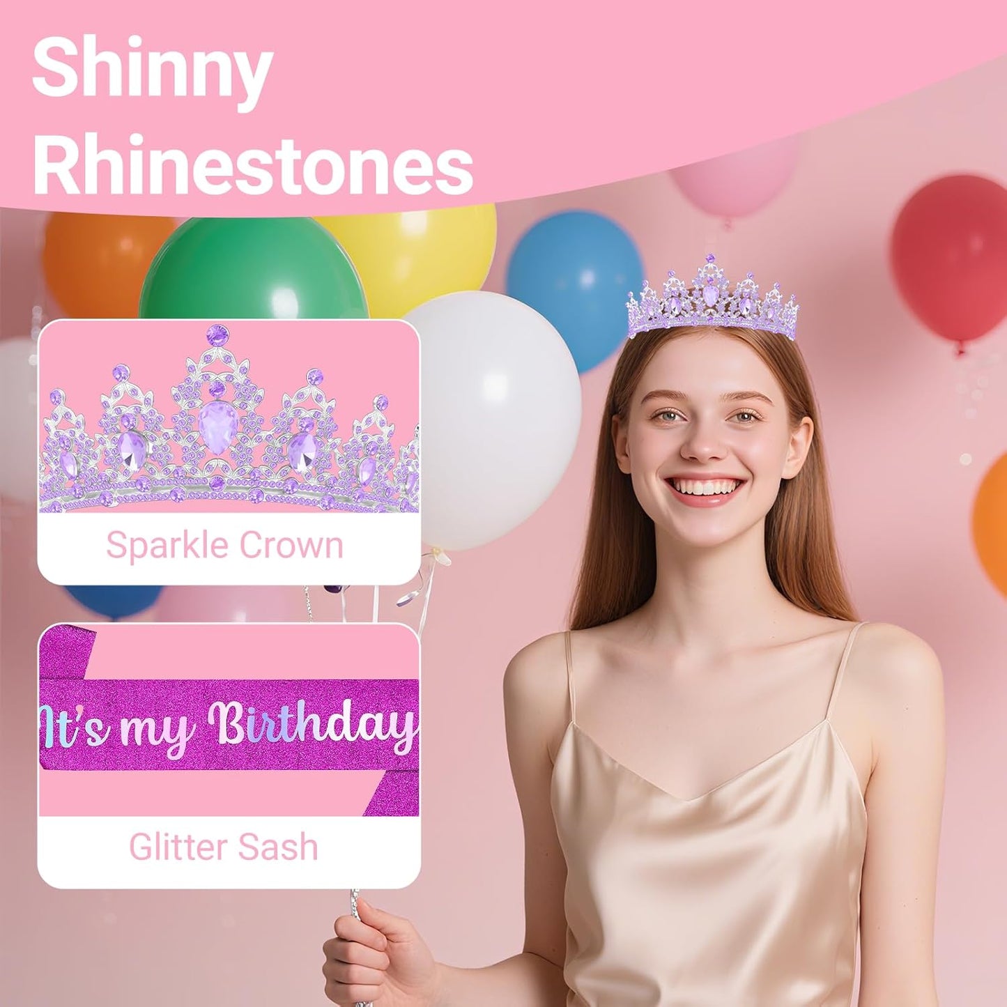 Birthday Tiara and Crown with Sash, Birthday Tiara for Women Party (Purple)