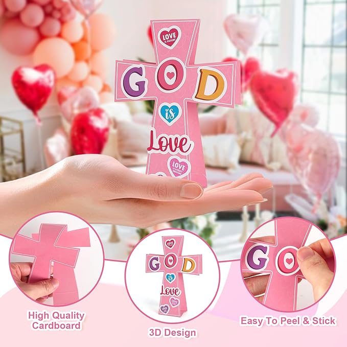 Yewfold 24Pcs Valentine's Day Religious Cross Craft Kit, Valentines DIY Cross Make Your Own 3D Handmade Valentines Christian Crafts, God is Love Church Art Project Activities