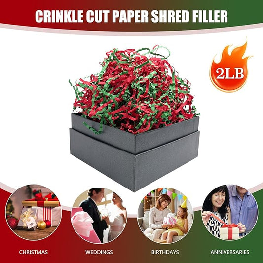 Red Green Crinkle Cut Paper Shred Filler, 2 LB Basket Filler Shredded Paper, Confetti Stuffing for Basket Filling, Mother's Day, Birthdays, Weddings, DIY Gift Wrapping, Stuffer Party Supplies