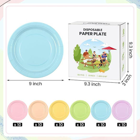 Kochorie 60 Pieces Pastel Rainbow Disposable Paper Plates 9 Inch Heavy Duty Dinner Plates, Solid Color, Table Decorations Party Supplies for Birthdays, Weddings, Daily Use