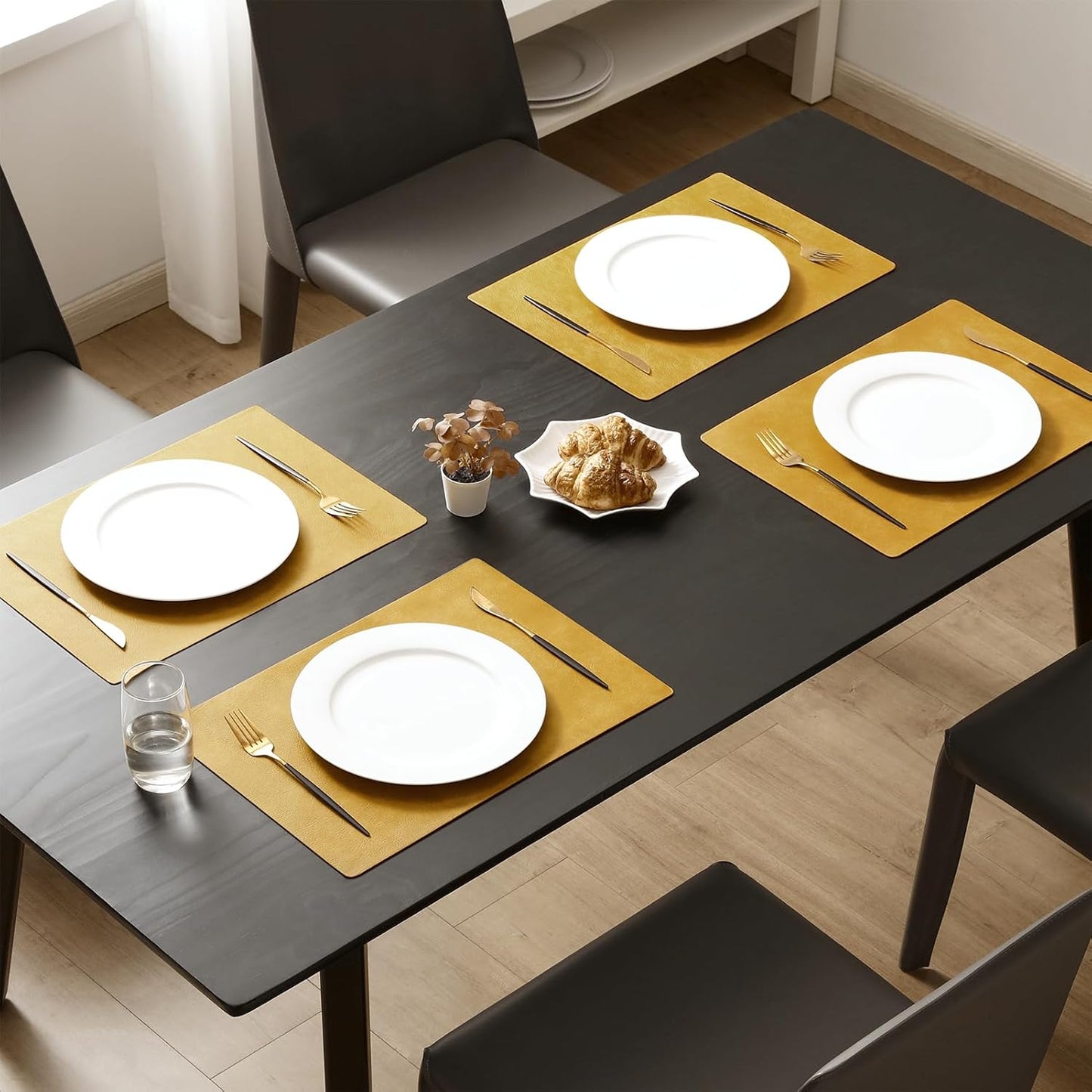 MOSAYT Vinyl Placemats Set of 4-12 X 17 Inch - Faux Leather 100% Waterproof Oil-Proof Wipeable PU Place Mats, Heat Resistant Reversible Table Mats for Kitchen, Dining, Outdoor (Yellow)