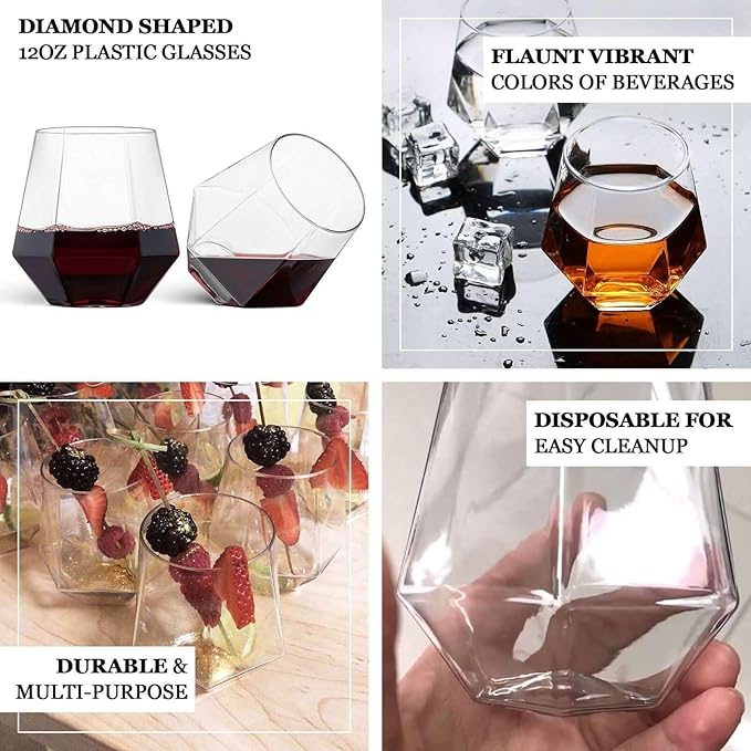 Efavormart 12 Pack | Diamond Shaped 12oz Plastic Stemless Wine Glasses, Clear Disposable Shatterproof Whiskey Cups for Parties, Weddings, Picnics, Catered Events