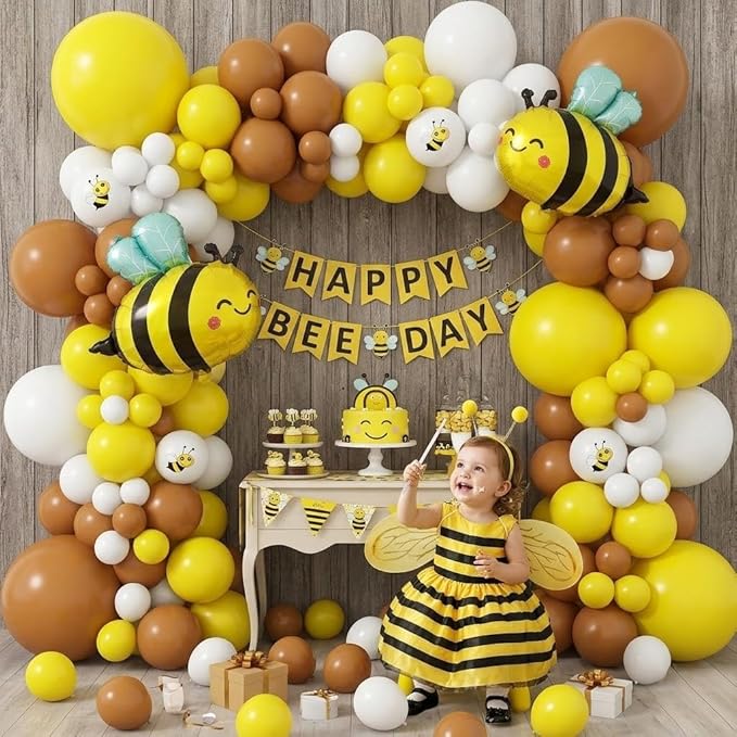 144PCS Bee Balloon Arch Garland Kit with Yellow Brown White Balloons for Honey Bumble Bee Theme Birthday Decorations, What Will It Bee Gender Reveal, Sunflower Party Decor