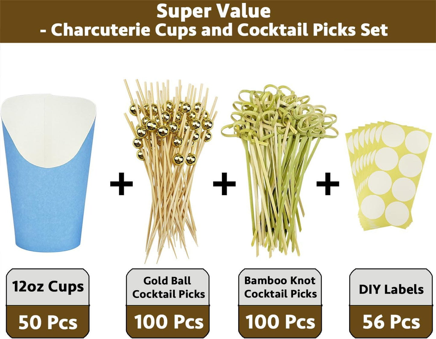 CAMKYDE 50 Charcuterie Cups + 200 Cocktail Picks + 56 Labels, 12 oz Disposable Charcuterie Cups with Sticks (2 Types), French Fry Cup Blue Paper Appetizer Cup for all Occasions (Blue)