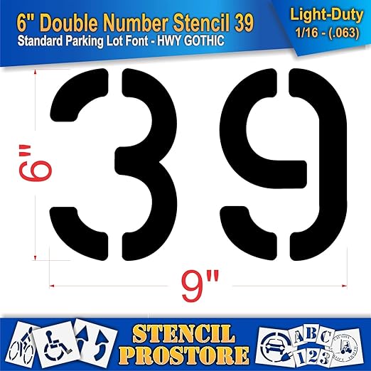 Pavement, Curb, and WheelStop Stencils - 6 inch Double Number Stencil - (39) - 6" x 9" x 1/16" (63 mil) - Light-Duty