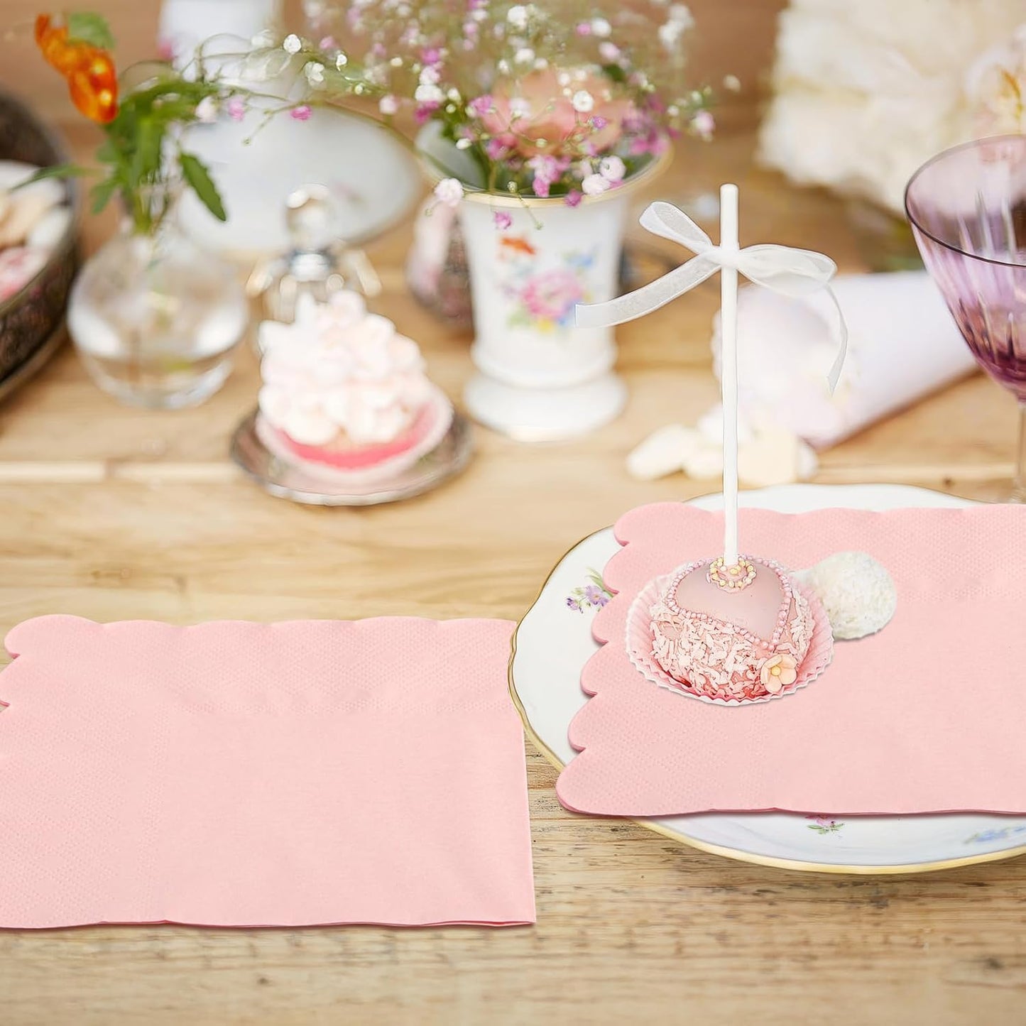 100 Pcs Cocktail Napkins, 2-Ply 5 x 5 Inches Disposable Scalloped Napkins, Thick Premium Dessert Napkins for Party, Wedding, Dinner, Birthday, Anniversary, Festival (Pink)
