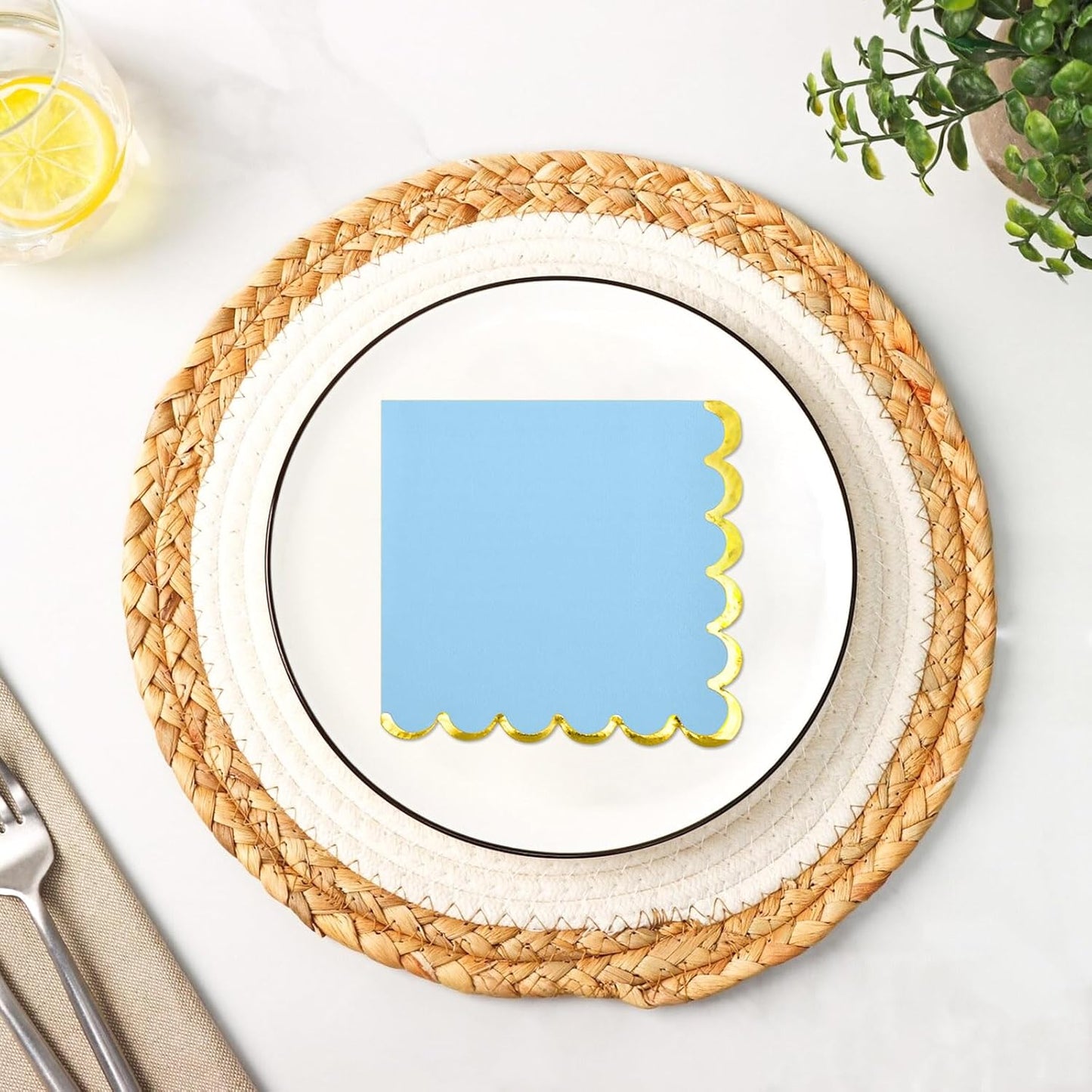 200 Pack Blue Paper Napkins Gold Foil Scalloped Cocktail Napkins Blue Disposable Beverage Napkins for Blue Themed Party Supplies Birthday Baby Shower Wedding Dinnerware Tableware Decorations