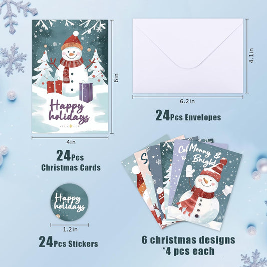 NESCCI 24 PCS Snowman Cards,Holiday Cards With Envelopes and Stickers,4x6 Inches,6 Different Designs of Snowman Greeting Cards,Cute Snowman Greetings, Kids Holiday Card