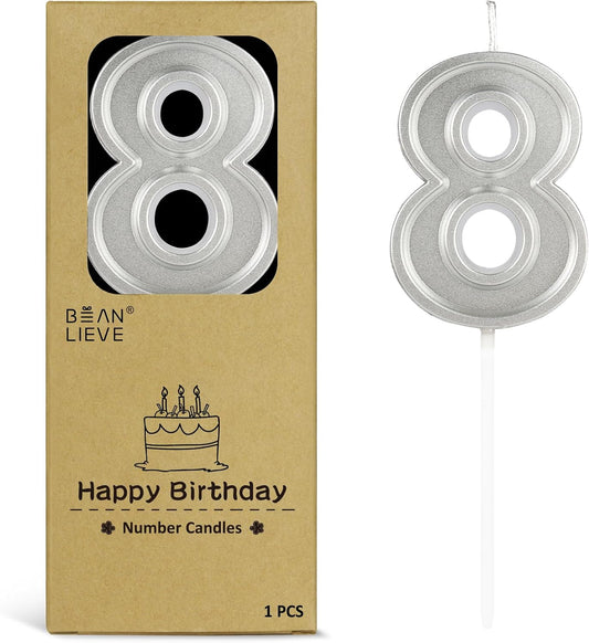 BEAN LIEVE Silver Birthday Candles Number 8, Silver Number Candles, Cake Number Candles for Birthday Parties and Wedding Anniversary Celebrations