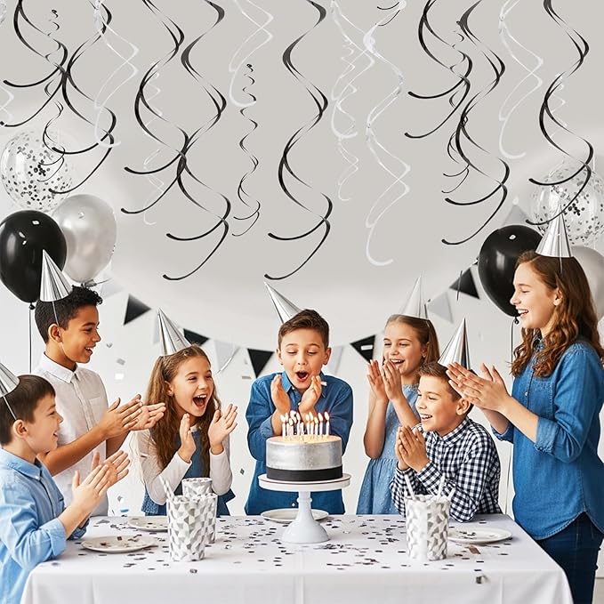BEISHIDA Black Silver Hanging Swirls Party Decorations Plastic Streamer for Bachelorette Hanging Ornament Decorations, Retirement Wedding Birthday Graduation Party Supplies, Pack of 20
