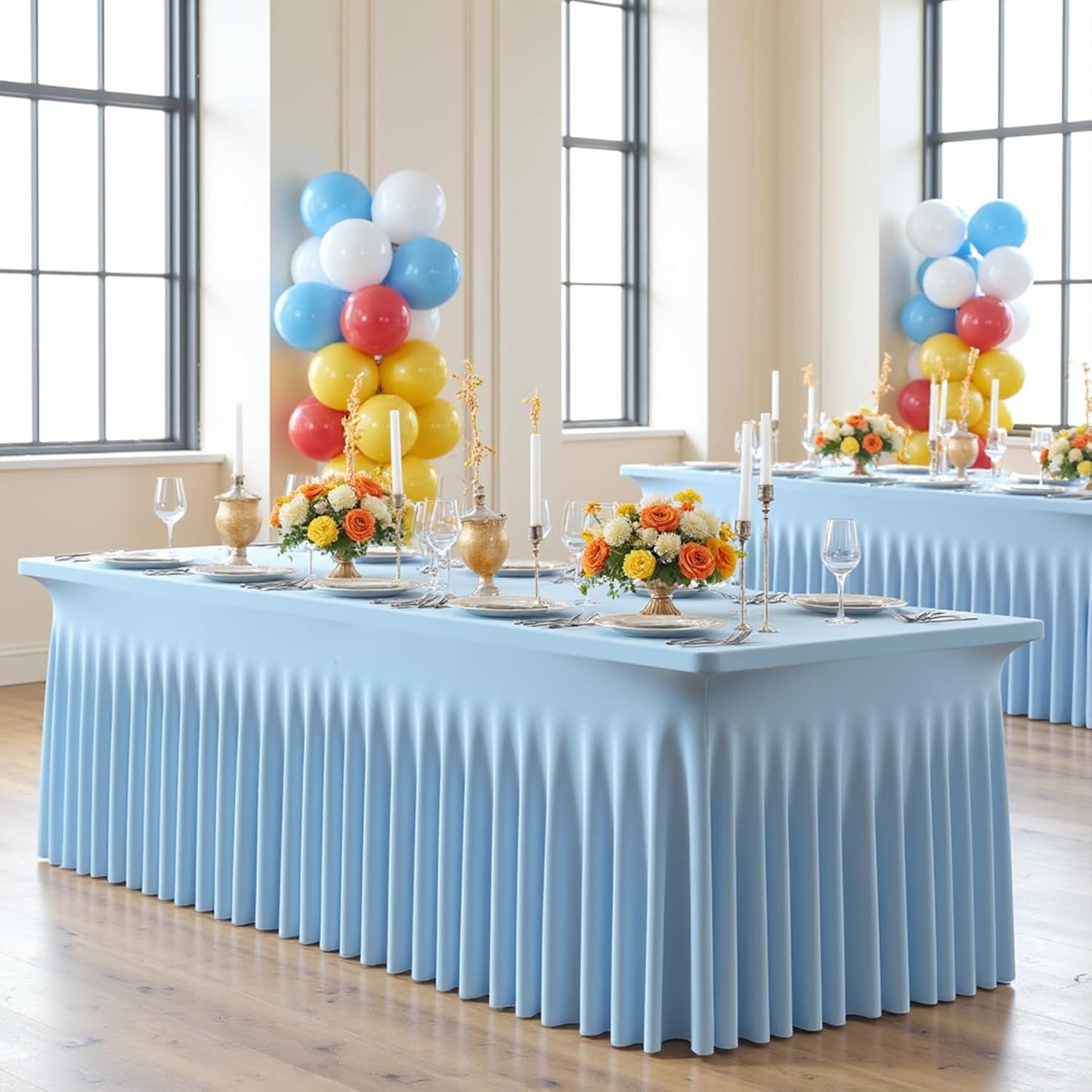 2 Pack Spandex Baby Blue Table Clothes for 8 Foot Rectangle Tables, Wrinkle Free Table Cloth 8ft Stretchy Tablecloths with Skirt for Parties Weddings Birthday Banquet Baby Shower