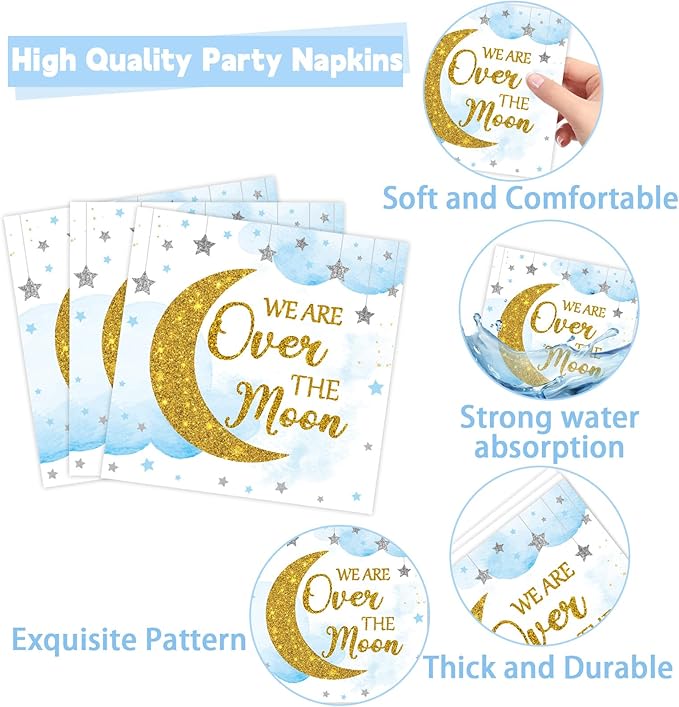 96Pcs Moon and Stars Party Paper Plates and Napkins Blue Moon Celestial Baby Shower Party Supplies Tableware Gender Reveal Little Star Birthday Disposable Plates for Birthday Gatherings Decorations