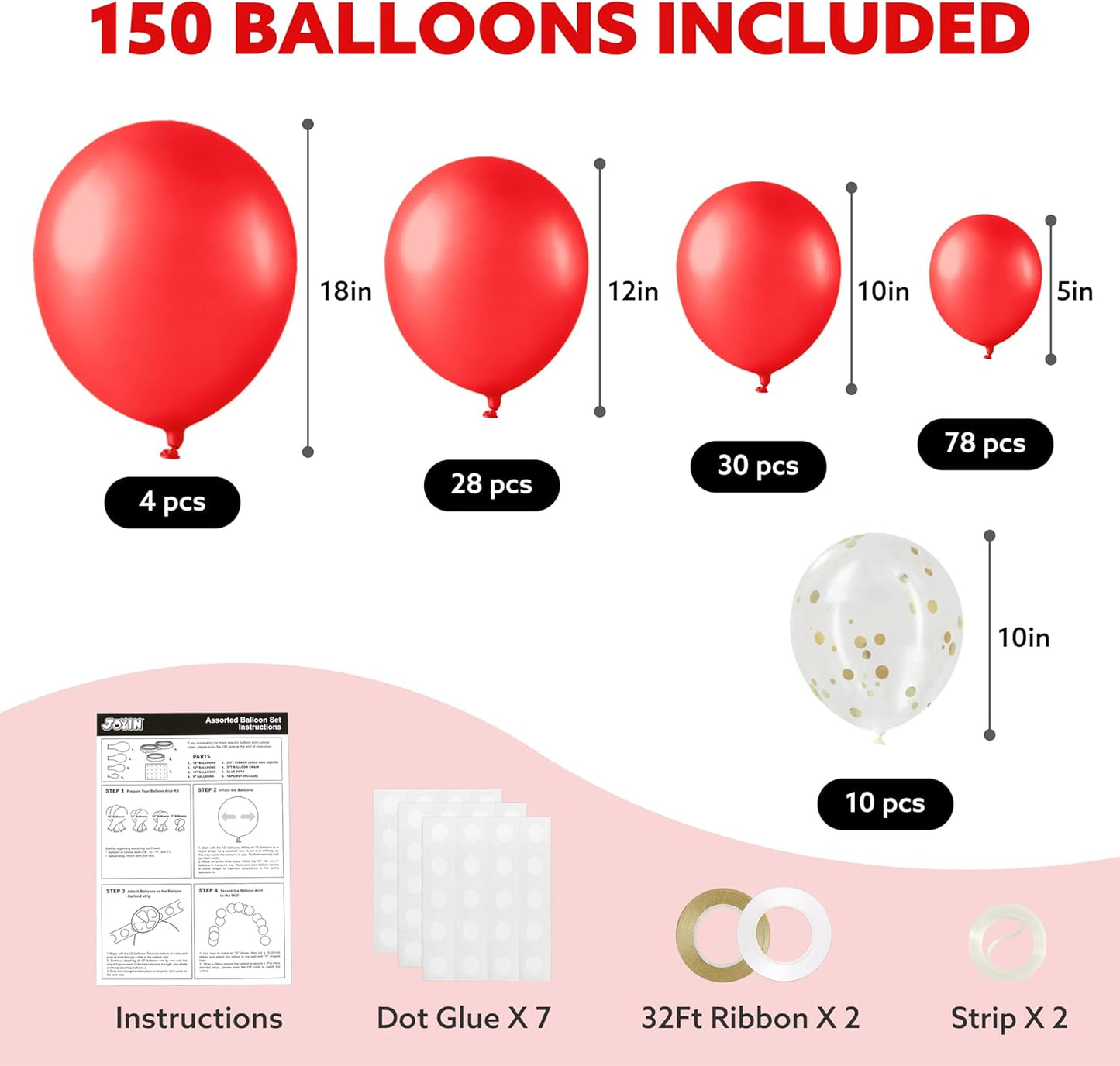 JOYIN 150 Pcs Red Balloons, Different Sizes 18 12 10 5 Inch Red Latex Balloon Arch Kit with Instruction for Birthday Party Decoration Graduation Wedding Holiday