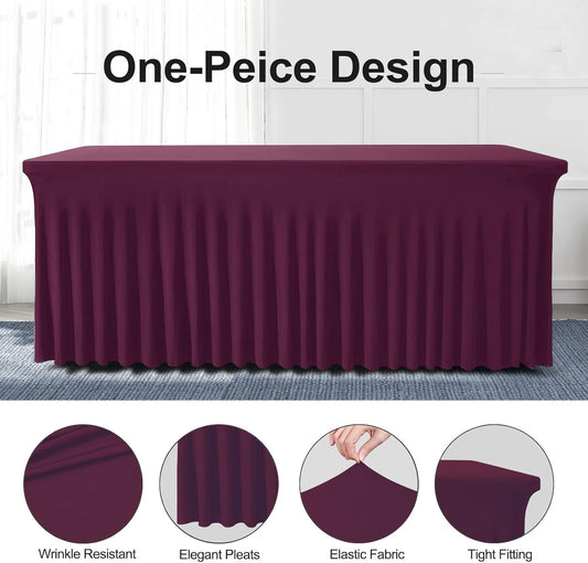 Table Skirts for Rectangle Tables 6ft - 2 Pack One-Piece Burgundy Tablecloths and Skirt, Wrinkle Resistant Ruffles Elastic Cover for Banquets, Weddings, Events, Parties