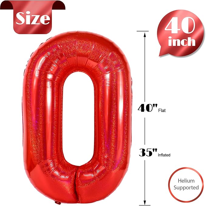 Laser Red Number Balloon 40 Inch, 0 Number Balloons, 10 20 30 40 50 Numbers Balloon Birthday Decorations, Party Supplies for Women