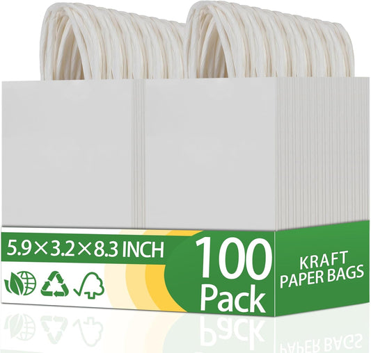 OEMVALATY 100Pcs 5.9x3.2x8.3 Inch Small White Paper Bags with Handles Bulk Gift Wrap Bags Kraft Paper Gift Bags for Birthday Party Favors Grocery Retail Business Shopping Merchandise Goody Craft Bags
