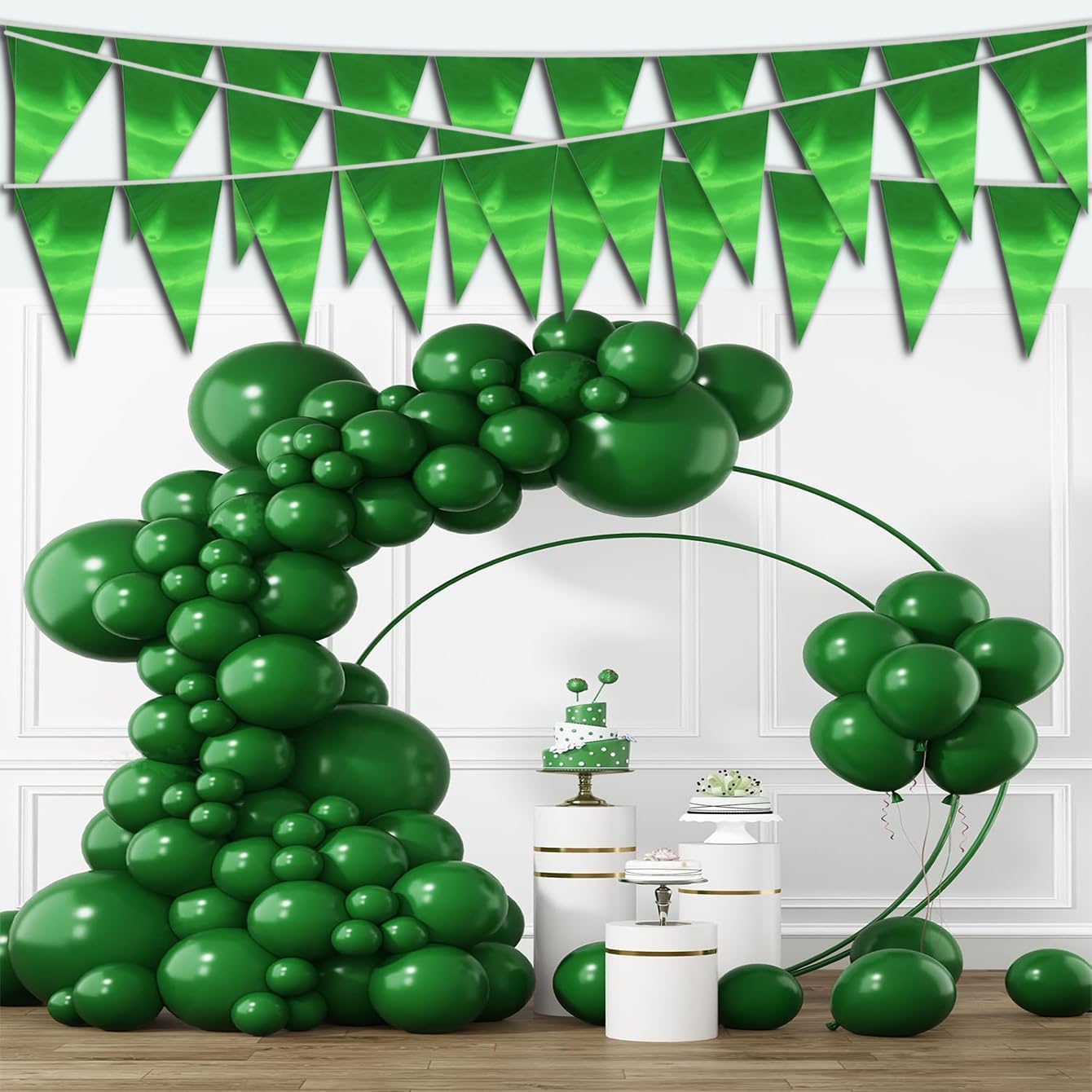 20M/65FT Green Triangle Pennant Banner Flag Metallic Fabric Bunting Garland for Christmas Graduation Safari Birthday Tropical Jungles Wedding Bachelorette Engagement Party Decoration Supplies