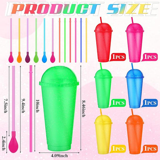 6 Set Slushie Cups with Dome Lids and Straws Detachable Spoon Straws Reusable Plastic Iced Coffee Cups Smoothie Tumbler for Birthdays Summer Party Supplies(Light Colors,24 oz)
