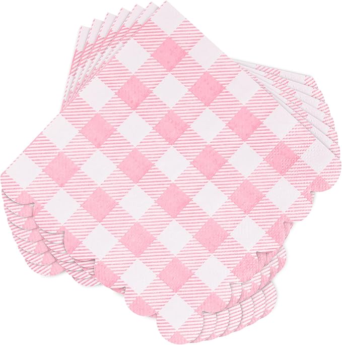 100 Pcs Pink Napkins Scalloped Plaid Cocktail Napkins Folded 5 x 5 Inches Disposable Napkins for Wedding Birthday Party