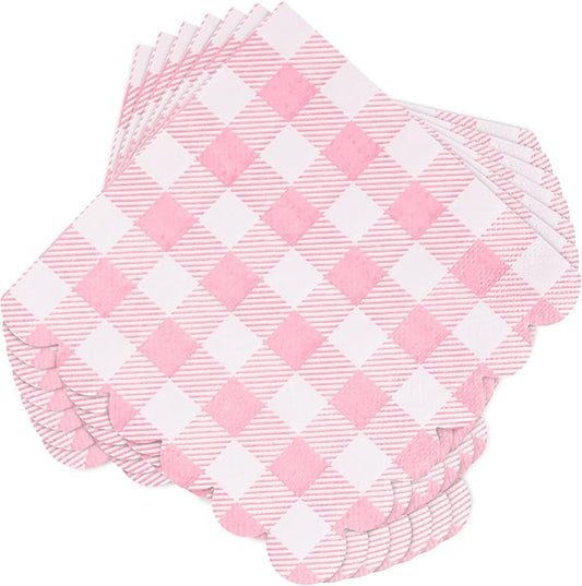 100 Pcs Pink Napkins Scalloped Plaid Cocktail Napkins Folded 5 x 5 Inches Disposable Napkins for Wedding Birthday Party