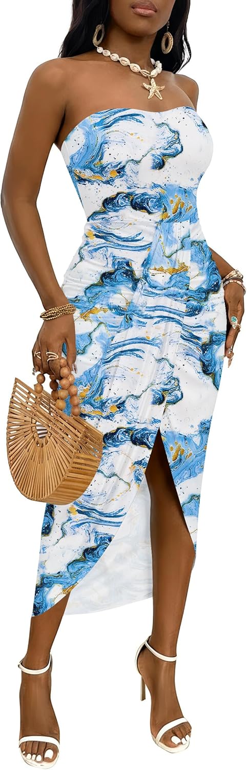 Umenlele Women's Strapless Ruched High Waist Wrap Split Asymmetrical Beach Maxi Long Dress
