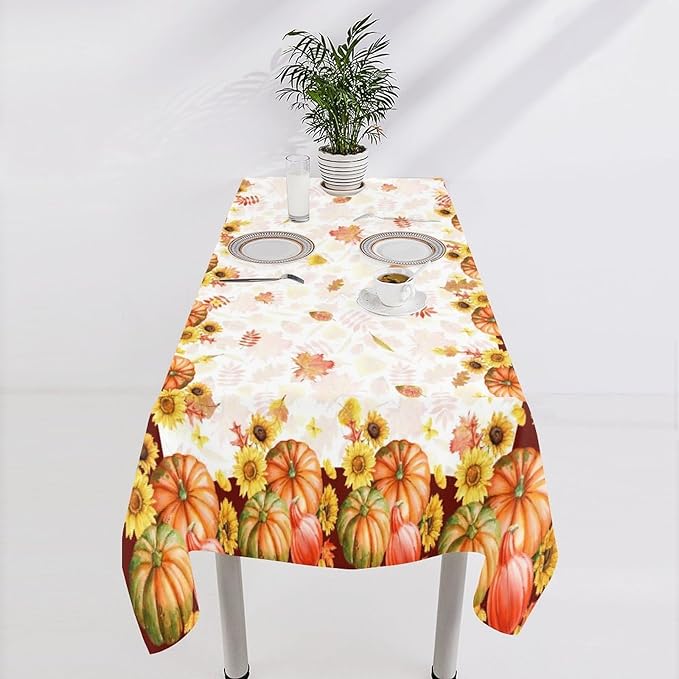 Autumn Thanksgiving Pumpkin Tablecloth, Vintage Retro Maple Leaves Watercolor Yellow Sunflower Fall Harvest Table Cover for Party Picnic Dinner Kitchen 60x90 Inch Rectangle