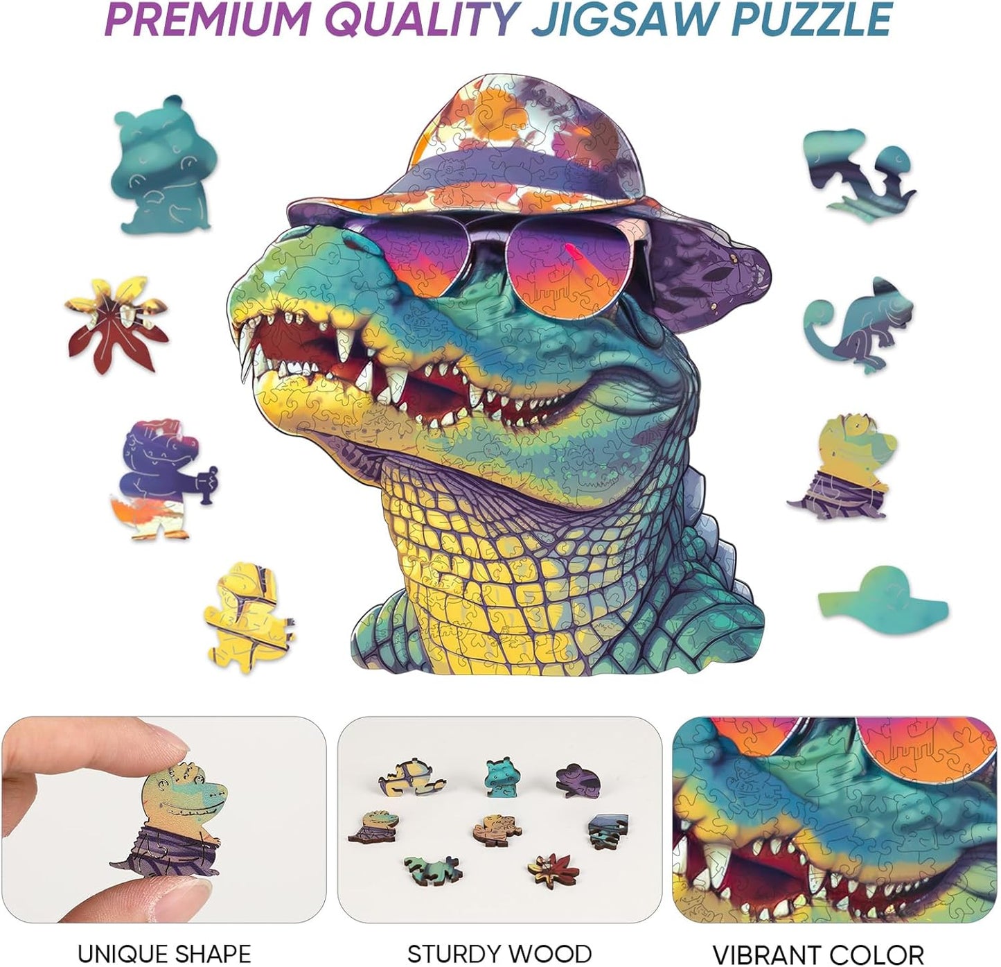 Reouinty Wooden Puzzles for Adults, Glasses Crocodile Jigsaw Puzzles 200 Pieces Animal Unique Shaped Wood Cut Puzzle Gifts for Adults and Kids, Family Puzzle Games