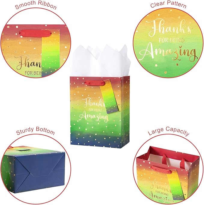 Loveinside Medium Size Gift Bags, Employee Appreciation Thanks Pattern Gift Bag with Tissue Paper for Shopping, Parties, Wedding, Baby Shower, Craft-4 Pack, 7" X 4" X 9"