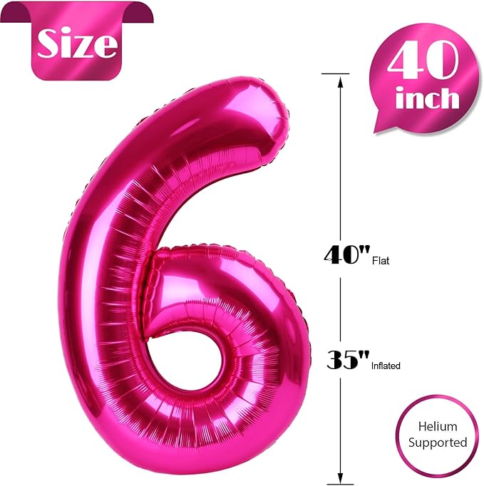 Hot Pink Number 6 Balloon 40 Inch, 6th Birthday Party Decorations for Children, Giant 6 Foil Balloon for Party Supplies