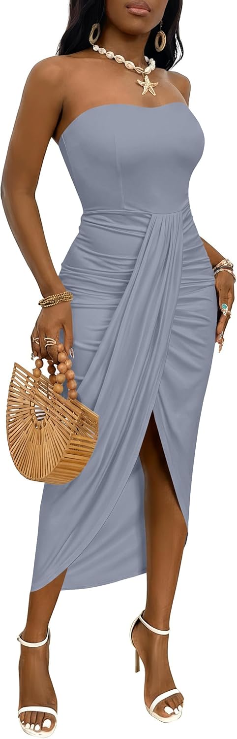 Umenlele Women's Strapless Ruched High Waist Wrap Split Asymmetrical Beach Maxi Long Dress