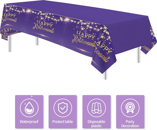 Xigejob Retirement Decorations Supplies Party Tablecloth for Women, Disposable Purple Happy Retirement Party Decorations Table Cover - 3 Pack (54in x 108in)