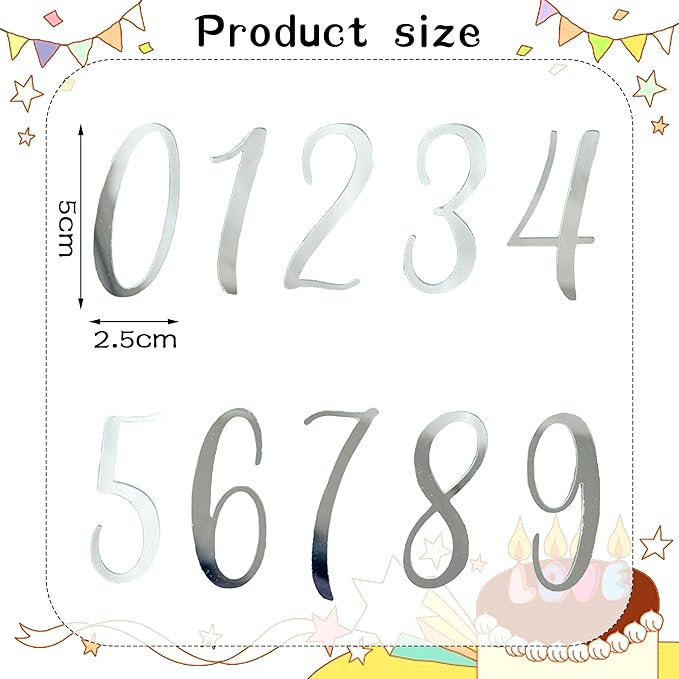 Silver Acrylic Wedding Number Cake Decoration 0-9 - Cake Topper for Birthday Party Wedding Anniversaries, Party Cakes and Personalized Celebrations Setup,Style 2