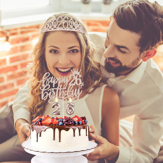 26th Birthday Sash and Tiara for Women Including Rhinestone Crown, Fabulous Sash, Candles and Cake Topper, 26 Year Old Decorations Gifts for Women, Rose Gold Party Decor Supplies