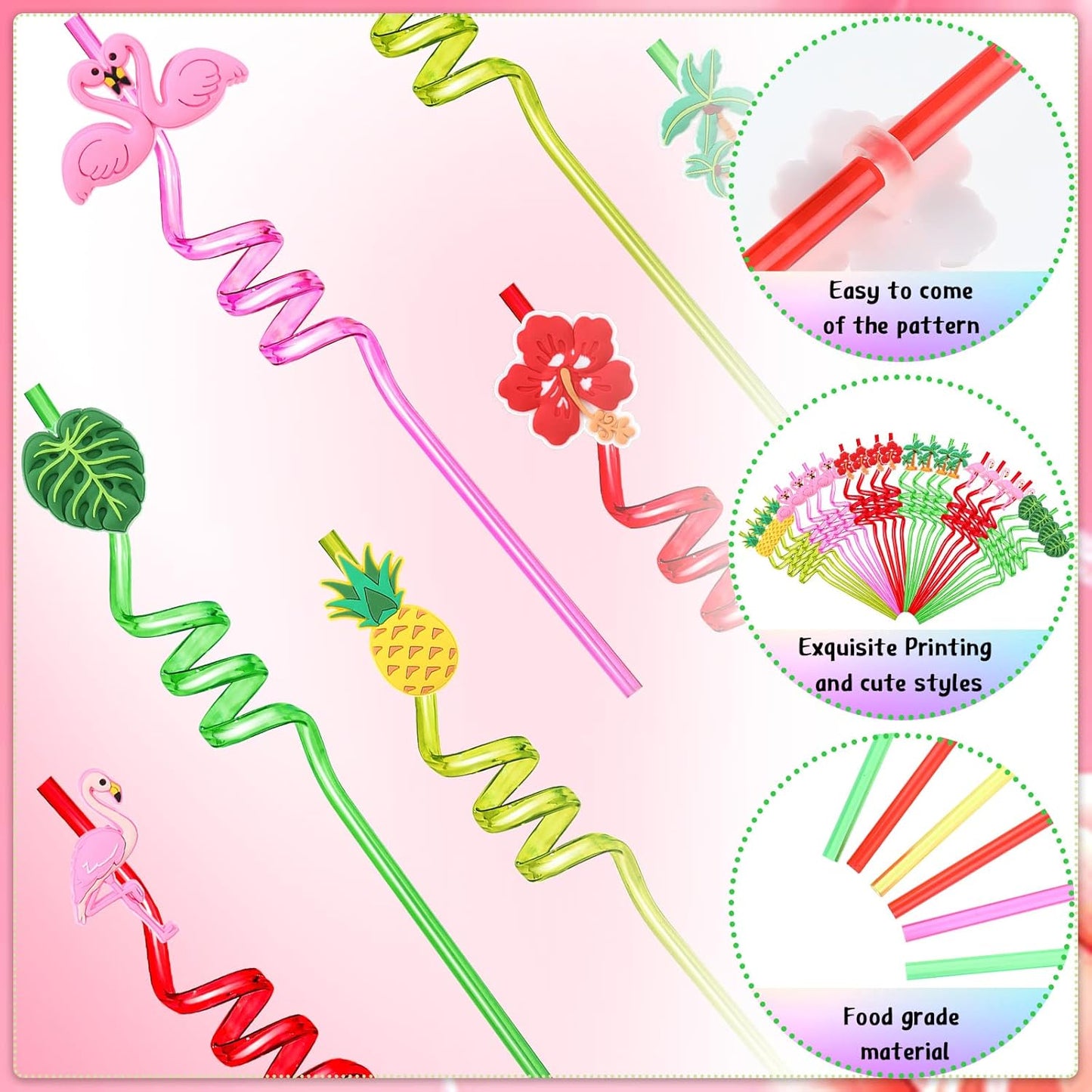 Zopeal 24 Pcs Hawaiian Reusable Plastic Straws with 2 Cleaning Brush Luau Theme Straws Flamingo Drinking Aloha Party Favors for Birthday Beach Pool Party Supplies