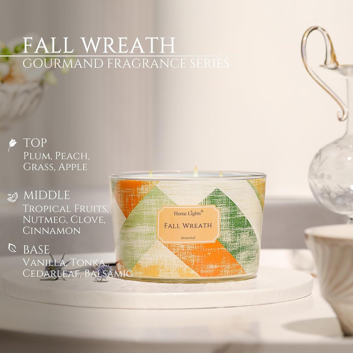 HomeLights Soy Wax Candles for Home Scented, 4-Wick Candles in Fall Wreath Scented, Rustic Modern Aromatherapy Candles Gift for Parties, Relaxing, 18oz