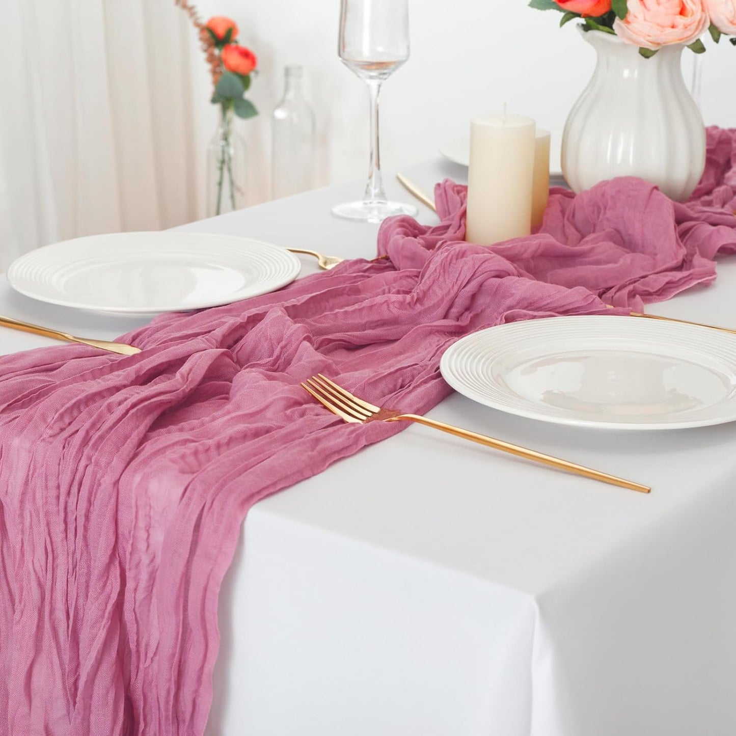 combocube 12 Pack 35x120 Inch 10Ft Cheesecloth Long Table Runner Gauze Rustic Romantic Table Cloth for Wedding Reception Bridal Shower Holiday Birthday Party Table Decorations, Dusty Rose