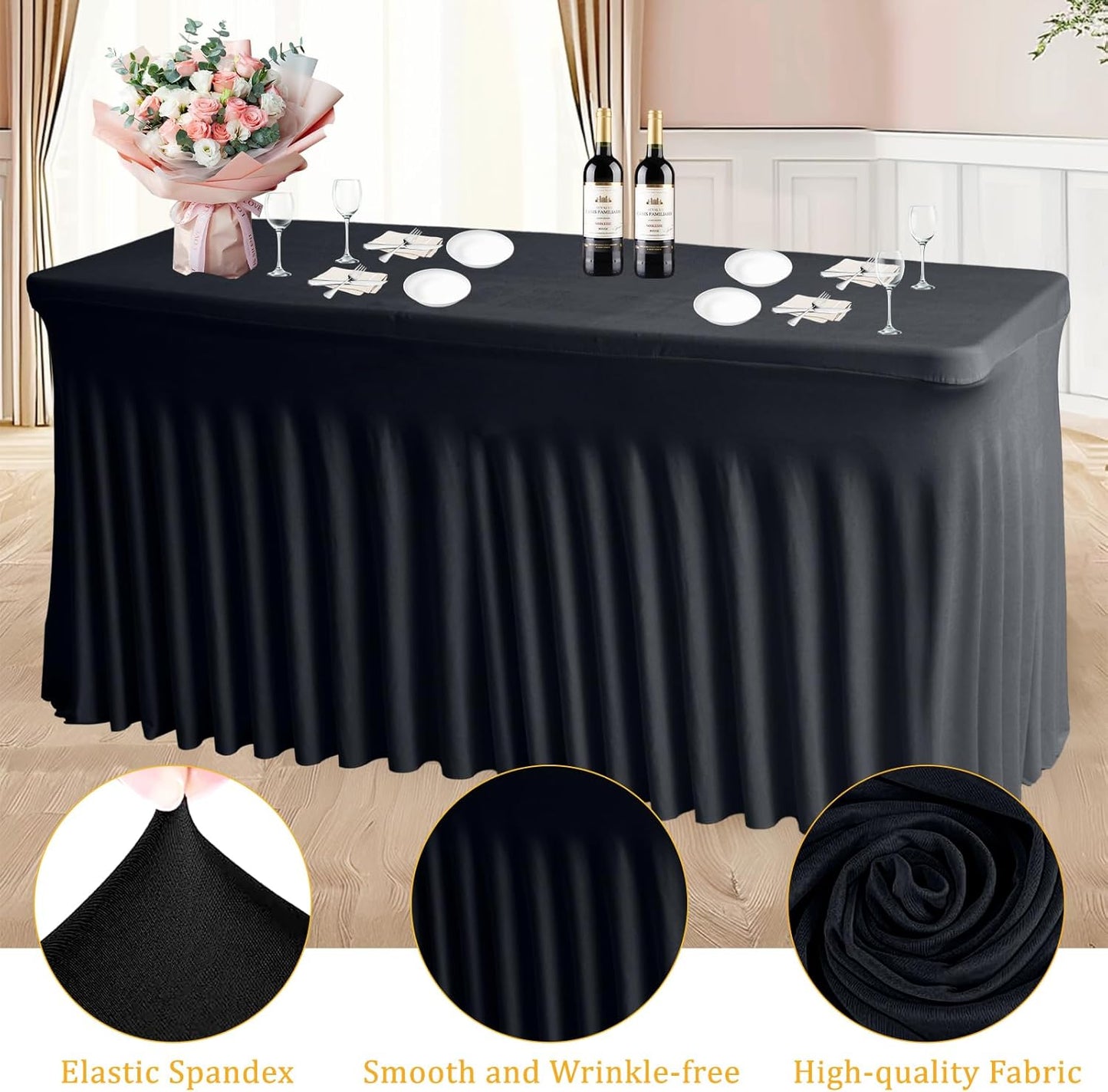 JCJ Table Skirt for Rectangle Tables Spandex Fitted Black Tablecloths for 6FT Tables, Wrinkle Resistant Ruffles Elastic Table Cover Skirts for Teacher Desk Weddings Banquets Parties