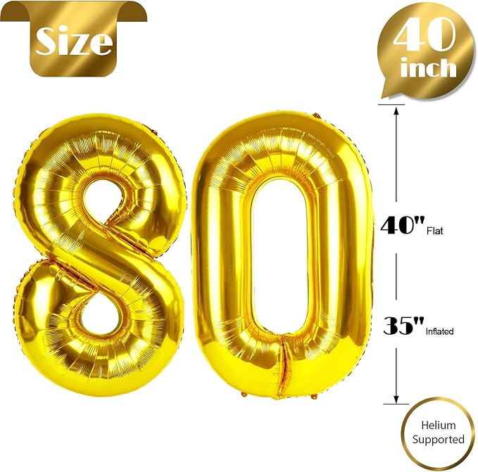 Gold Number 80 Balloon 40 inch, 80 Number Balloons, 80th Gold Birthday Decorations, 80 Year Old Women Men Golden Party Supplies