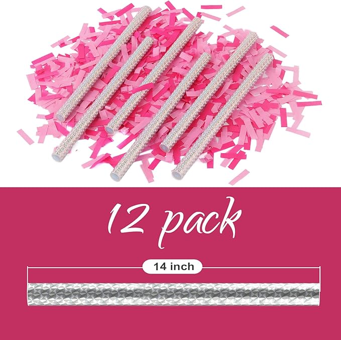 BATTIFE It's a Girl, 12Pack Gender Reveal Confetti Sticks, Tissue Paper Confetti Flick Flutter Wands for Baby Girl Shower, Wedding, Birthday Party Supplies Decoration, Shoot Poppers, 14inch Pink
